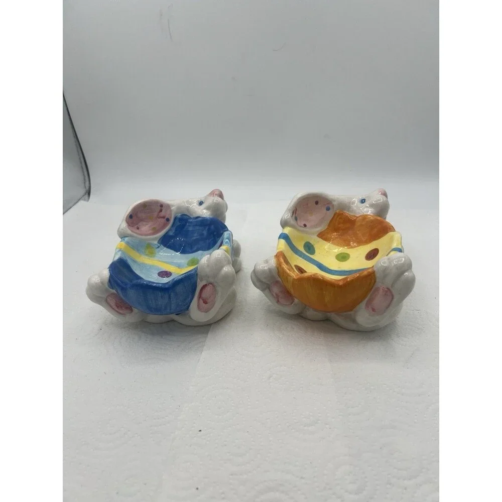 2 Colorful Easter Bunny White Rabbit Ceramic Soap Trinket Dish Tray Easter Egg